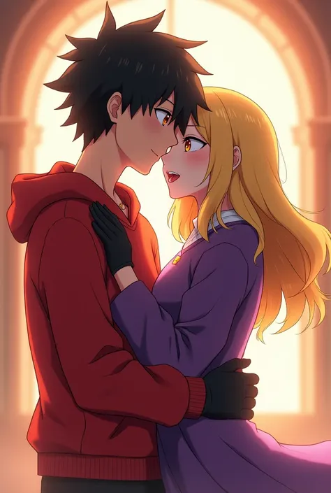 Orange eyed boy black hair spread red sweatshirt with black black gloves kissing ino from naruto shipuden with blonde hair and purple clothes in anime style 