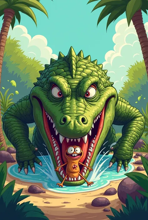 Strong alligator eating funny coyote in cartoon 