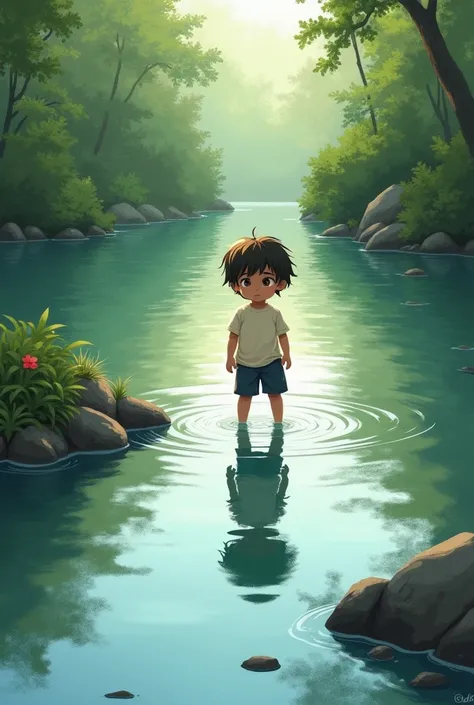 I would like an image of a river and its banks and a  child and his shadow in the river starting to cross with a little fear and questions. 