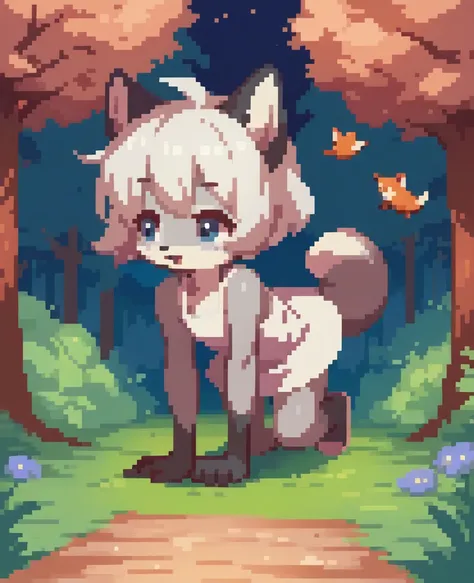 1girl, furry, fox, gray fur, silver fur, white hair, short hair, white dress, kid, cute fox, cub, running in all fours on the forest, night