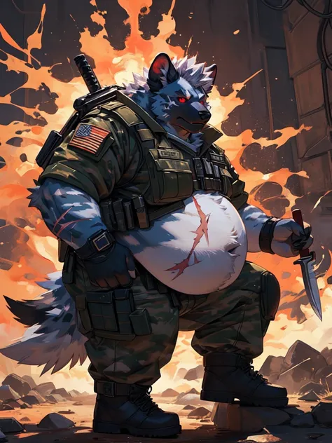 Very Extremely obese Blue Hyena with very extremely massive belly, wears boots, wears military special forces outfit, holding a knife, scars on the face, side view, extremely massive belly, red eye, fighting pose, Looking at viewer 