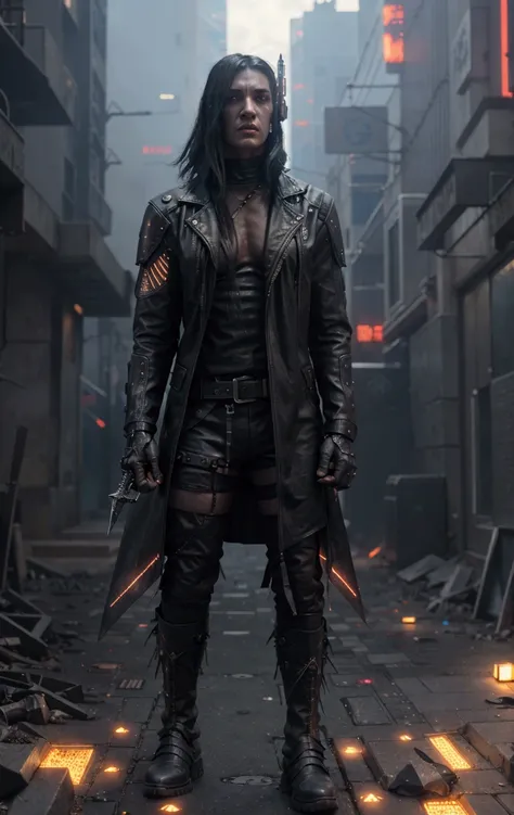 a cyberpunk male man assassin standing in a city, wearing a black leather jacket, holding a large sword, cyberpunk male man knight, cyberpunk male man assassin, cyberpunk assassin, dystopian sci-fi character, cyberpunk character, cyberpunk male man gladiat...