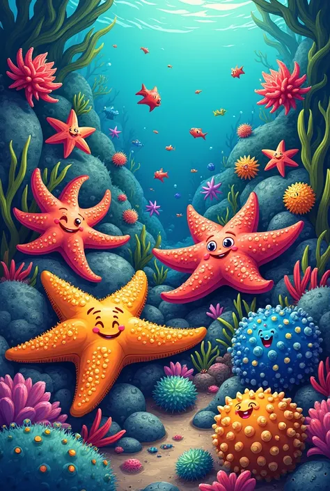 I want an image with several echinoderms. I want the image to be very colorful and like a drawing., very excited.