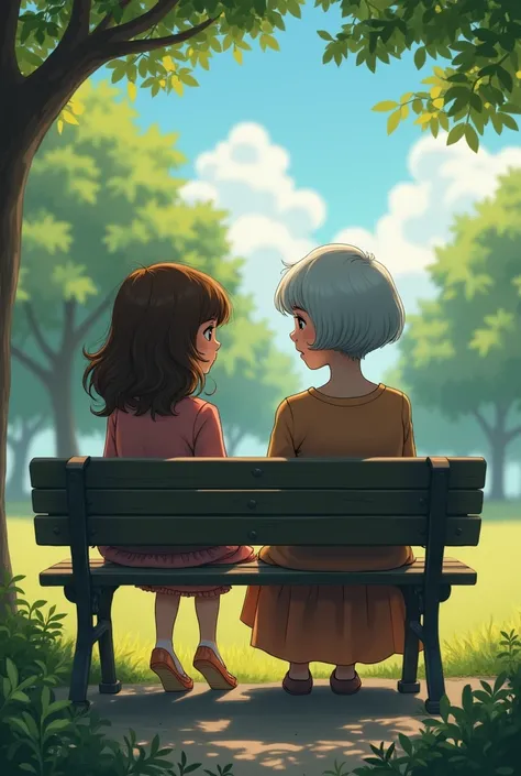 Granddaughter with long brown hair and deceased grandmother with short bobbed hair sitting on a park bench with their backs to each other
