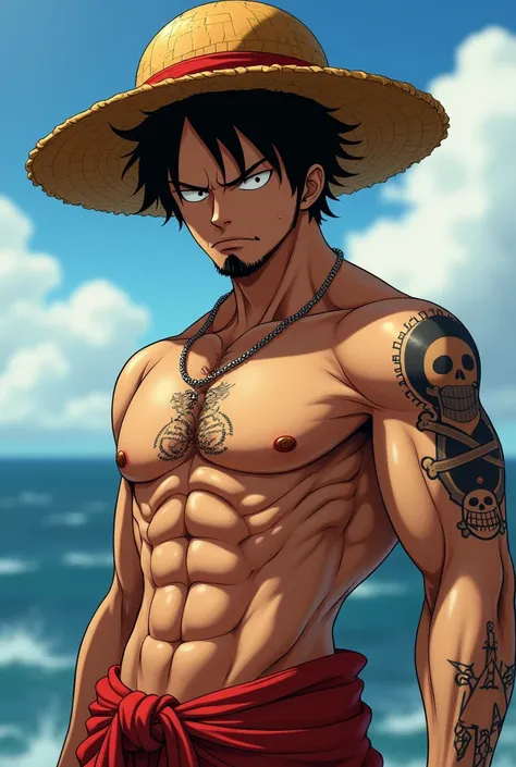 Pirate character from one piece, man
, with short wavy black hair, bushy eyebrows, short black beard black eyes, tattoo, shirtless, with luffy hat