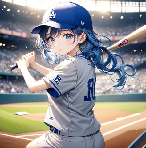 (Best Quality,8k,32K,masterpiece,Ultra-high resolution :1.2 ),born,One girl,Super cute,Natural Light,Clear, shining eyes,20 years old,Fair skin,Baseball stadium-like digital world fantasy background,Blue Hair，Blue baseball cap，Gray baseball uniform，Dodgers...