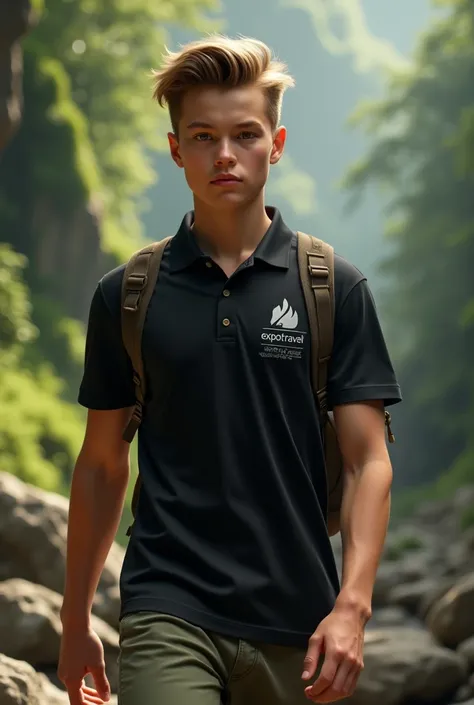 Scout guide with black polo shirt "expotravel" that has a text that says " Ready for adventure"