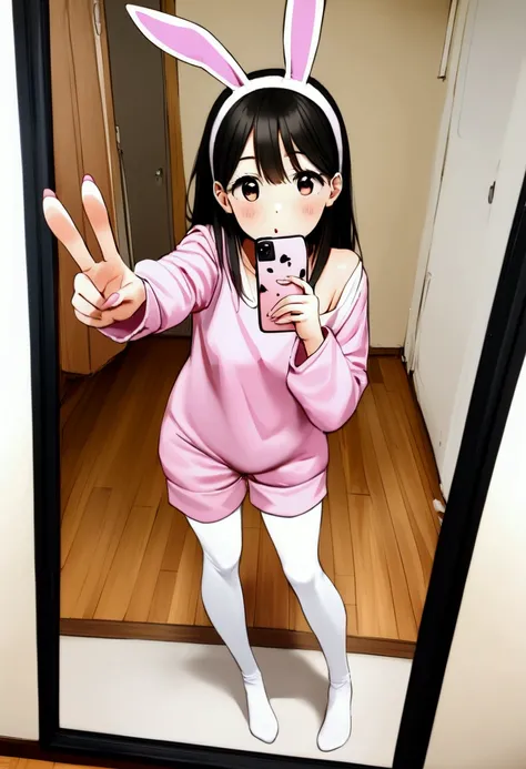 woman in bunny costume taking a selfie in a mirror, full length and white stockings, 2 , 2, full body in view, 2 , 2 , she is about 2 0 years old, she is about 20 years old, low quality photo, 1, 2
2
Wearing a playful ensemble wit