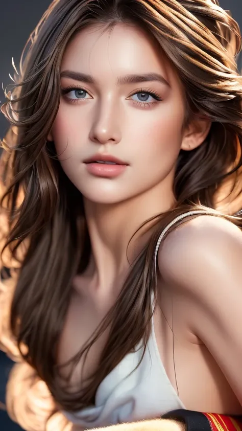 a poster of a beautiful woman with semi long brown hair Messy style, smooth skin, perfect face, perfect body, brown eyes, black cloth futureistic, full head and hair, with many expresion  procreate , 16k uhd Professional photography 