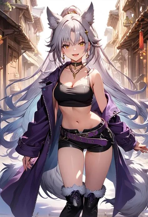 (masterpiece),(best quality),(ultra-detailed),(best illustration),(best shadow),(absurdres),(detailed background), 1girl, animal-ears, solo, tail, boots, wolf-ears, yellow-eyes, navel, breasts, fur-trim, purple-footwear, long-hair, knee-boots, jewelry, wol...