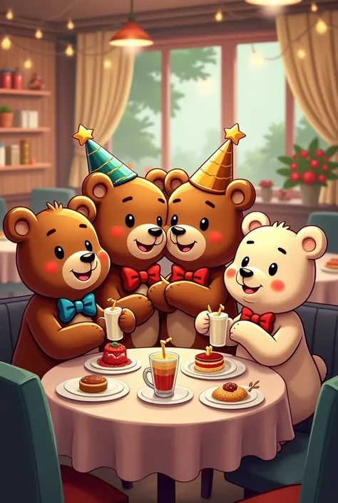 4 couples of bears celebrating in a restaurant (cartoon)