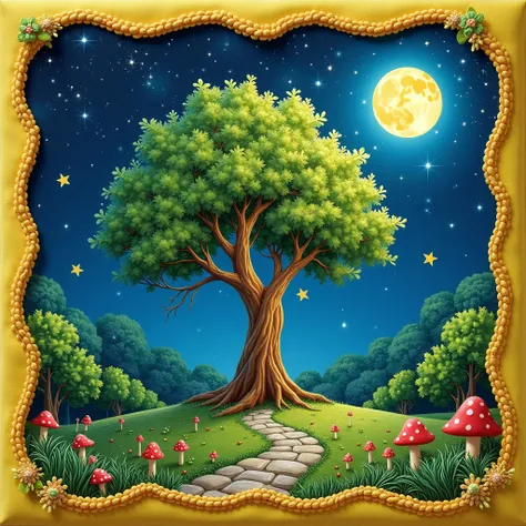 square image. Magical tree similar to Tinkerbell&#39;s, In a magical forest .In the background a starry night with the bright moon. Un camino de piedras con pequeños 🍄 a los costados. You have to have a yellow border that is made of thread, embroidery type...