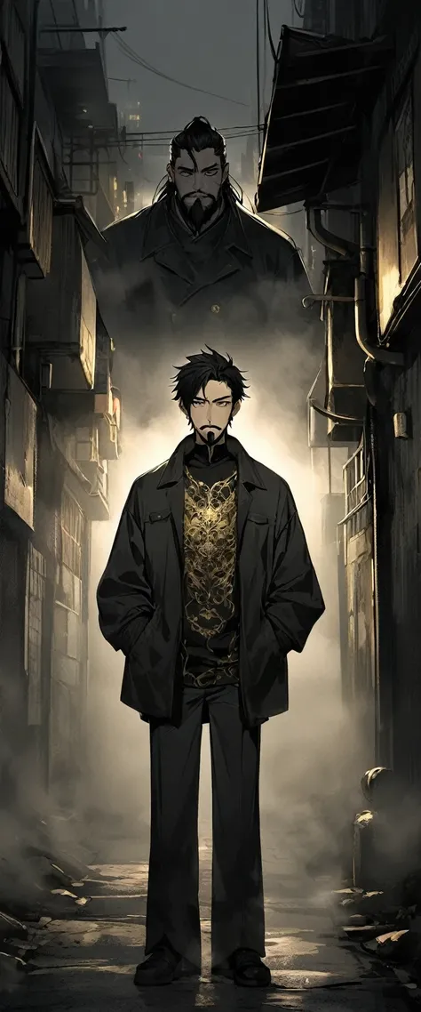 Anime Style。(((One personで: 1.2))),A black silk shirt embroidered with gold patterns。Alley in the fog。Thin young man standing with his hands in his pockets。Nihilistic smile。He has droopy eyes, a thin face, a black beard and goatee, long, messy black hair, ...