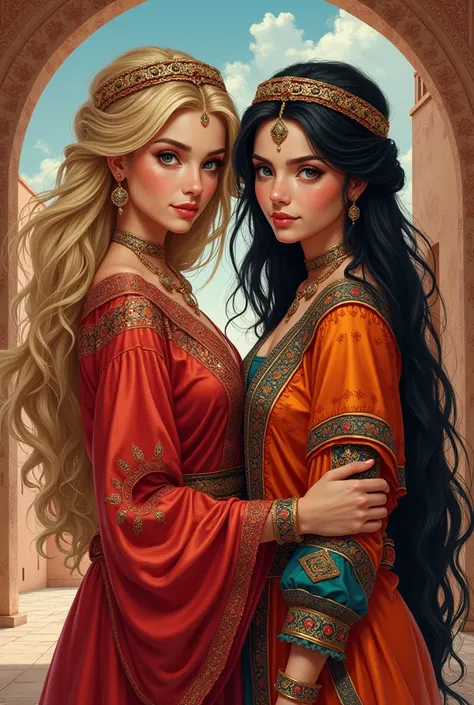 A picture of two girls in Moroccan clothing, one with blonde hair, size XXL, and the other with black hair, size M