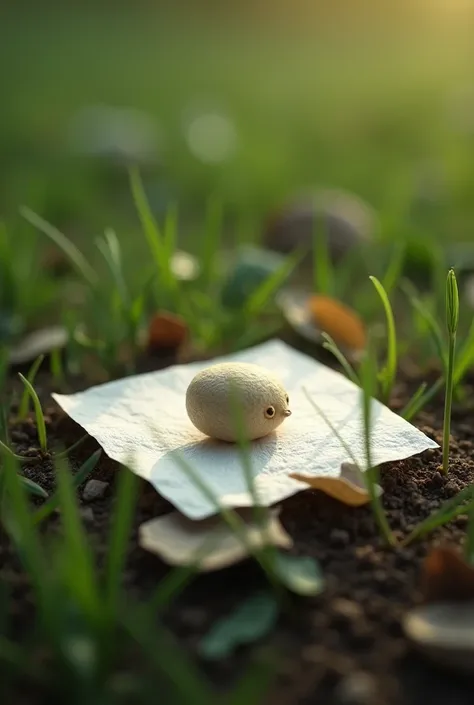 A seed on a small sheet of toilet paper in a yard 