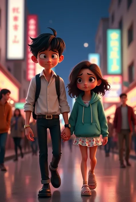 Pixar-style poster of a couple on the street, The boy is tall and has black hair., black eyes, the agile nose, thick lips, elongated face, with pronounced chin, with black pants and formal white shirt, black shoes, with lead backpack, a watch on the right ...