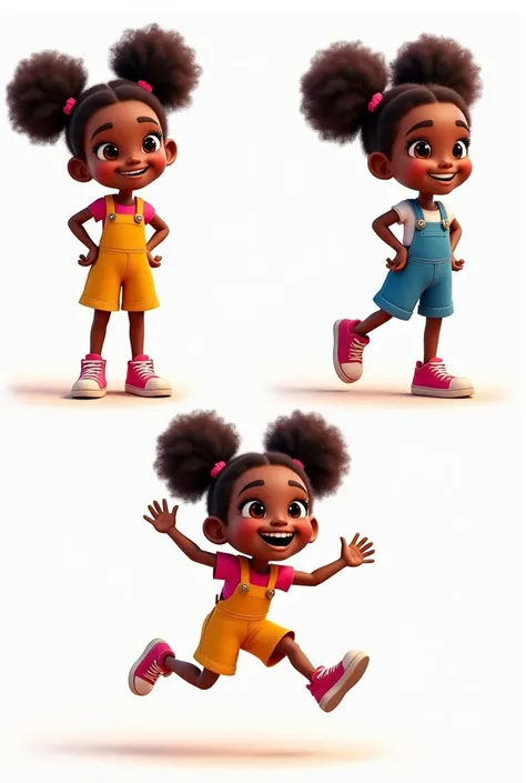 A short Black girl with dark skin and curly hair styled in two afro puffs, wearing colorful overalls and sneakers, shown in various dynamic poses. One pose shows her smiling and looking up with her hands on her hips. In another pose, she is running with he...