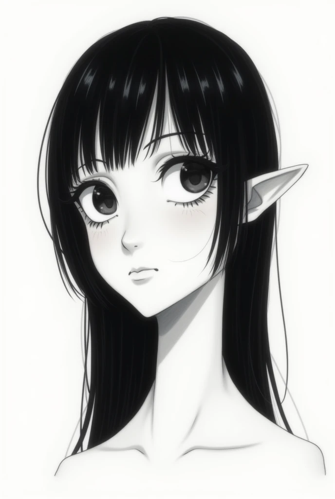  skinny with straight black hair, white in drawing format 