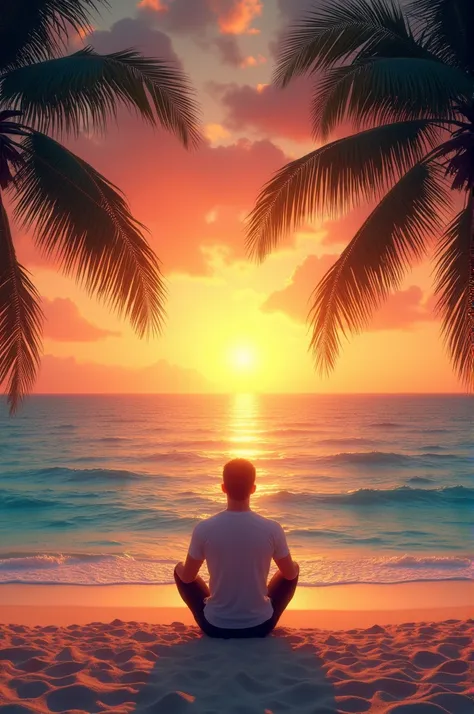 A cover for a music single that has a beach with palm trees and a man sitting with his back turned on the sand watching the sunset 