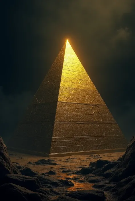 Generates a 1920 by 1080 image of a gold pyramid on a dark background