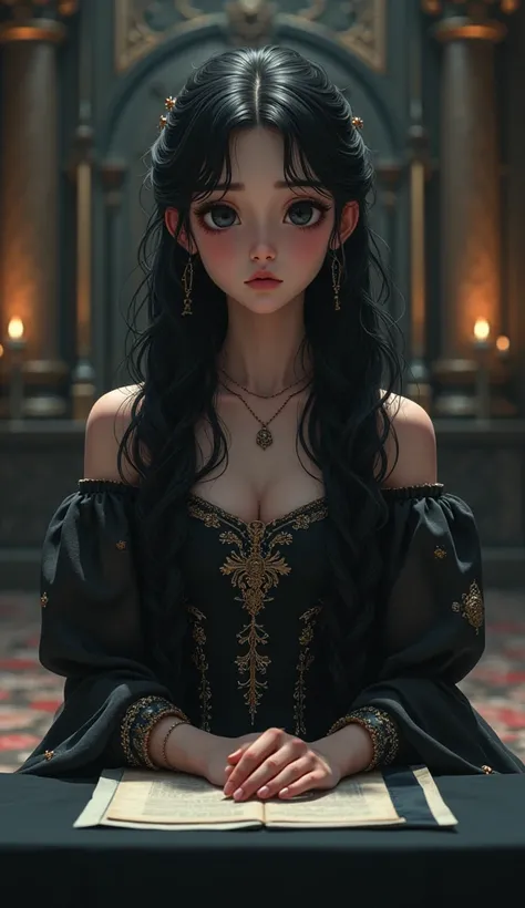 Medieval fantasy. In a luxurious palace room there is a beautiful fifteen-year-old girl with black wavy hair and black eyes wearing a luxurious dark-hued princess dress. She is sitting on a chair in front of a long table, looking at the viewer. Her express...