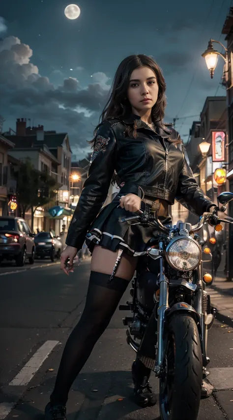 1 Waifu  posando na frente de uma motocicleta futurista, the motorcycle has skulls and blue flames highly detailed 3D graphics, night scenery with full moon in the background, she is wearing a   Uniform with 3D skulls and flames and Sailor Miniskirt, Panty...