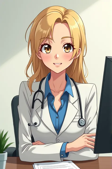 a woman (a psychologist) in a manga/anime style, with dark blonde hair, eyebrows a little thick, white skin