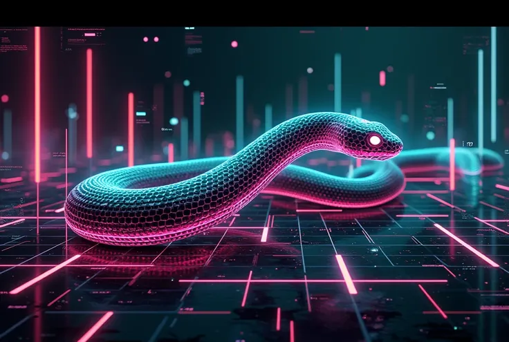 A sleek and futuristic snake made of glowing, segmented neon blocks slithering through a digital grid, the classic blocky, pixelated title "Snake Discordianos" prominently displayed, retro-tech aesthetic blending monochromatic design with vibrant electric ...