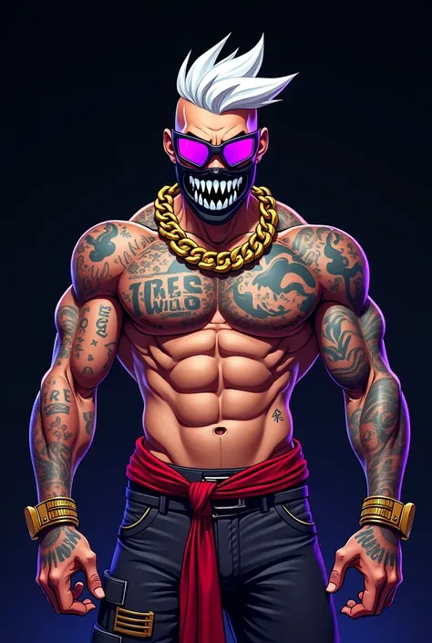 Shirtless man with free fire tattoo and other tattoos, cartoon style , purple and technological glasses, samurai hair in white color , black mask with scary teeth, thick gold chain. black background