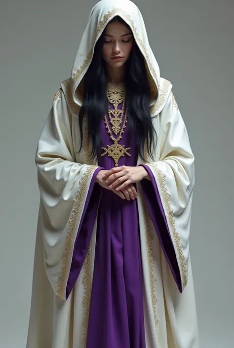 Woman in white and purple clothes , hood , priestess, sad look, black hair , with a golden necklace around his neck.