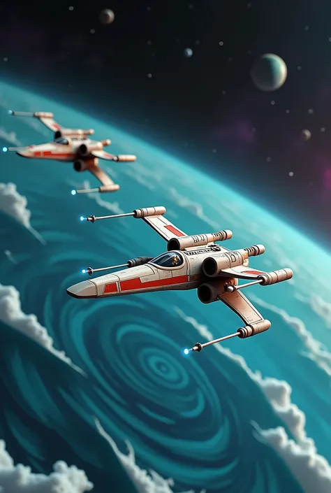 A claymation scene featuring two X-Wing starfighters soaring through the vastness of space, patrolling near a stunning water-covered planet. The X-Wings are depicted with their iconic X shaped wings in attack position, with laser cannons mounted at the tip...