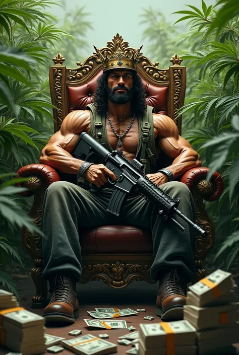 John Rambo sitting on a throne of money with a king&#39;s crown on his head in the middle of a cannabis field dressed as a war hero with a machine gun in his hands and packs of drugs nearby 