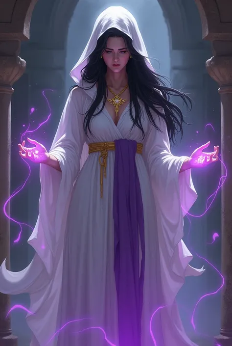 Woman in white and purple clothes , hood , priestess, sad look, black hair , with a golden necklace around his neck, purple magic.