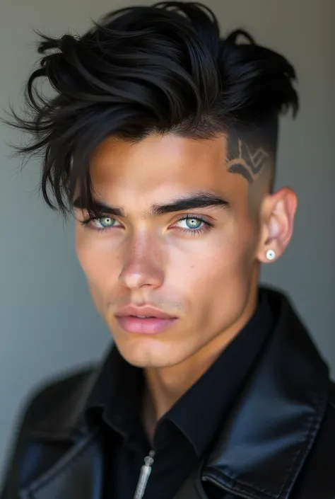 A young model  boy with striking black hair styled in a trendy high fade, featuring stylish lines etched into the sides. His bright blue eyes stand out, adding a captivating touch to his overall appearance."