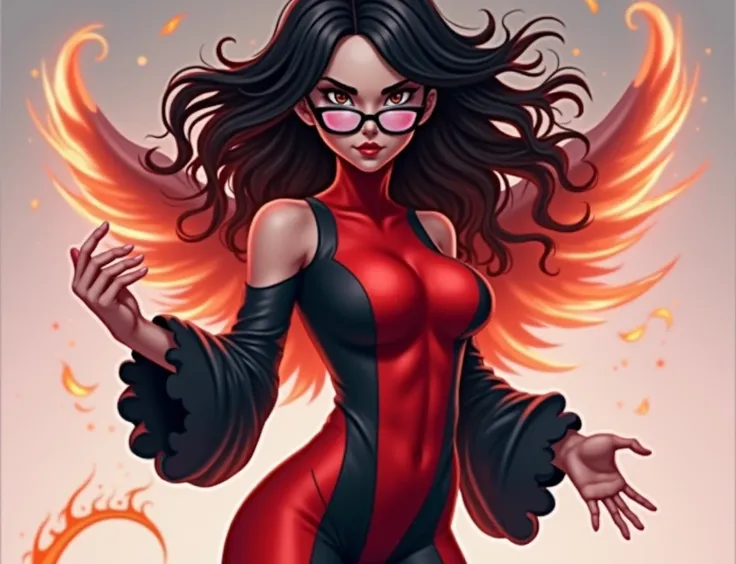 1girl, hair on fire, hair made of fire, brown eyes, black glasses, sexy black and red skin tight body suit, large breasts, cleavage, flame wings, fire tail, fire magic, high res, ultrasharp, 8k, masterpiece, looking at viewer, messy bedroom on fire