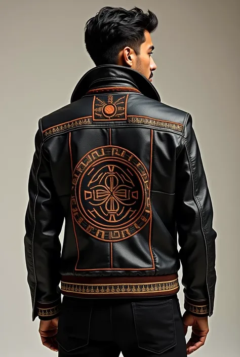 Create me a jacket with Peruvian details with details of the Nazca lines and the main color is black



