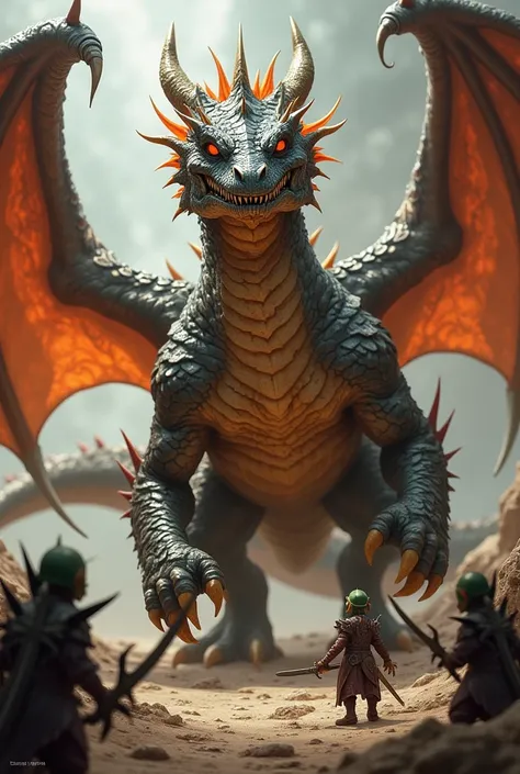 as a dragon with a prominent crest, with rough skin, with wings of fire, with a tail of thorns, with reptilian style legs, with metallic scales, saw goblins, fire breath, thorns along the sword, belly with small scales, without visible ears, and red in col...