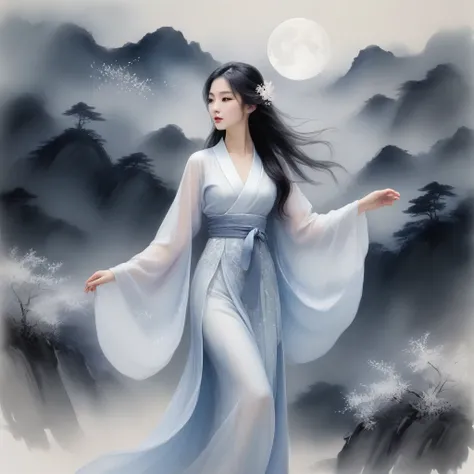 A serene woman in a flowing, silken hanfu with intricate, hand-embroidered motifs and delicate, beaded accents, her long, dark hair loose and wispy, as if blown by an unseen breeze, dances with effortless elegance in the gentle wind, surrounded by a whirlw...