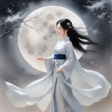 A serene woman in a flowing, silken hanfu with intricate, hand-embroidered motifs and delicate, beaded accents, her long, dark hair loose and wispy, as if blown by an unseen breeze, dances with effortless elegance in the gentle wind, surrounded by a whirlw...