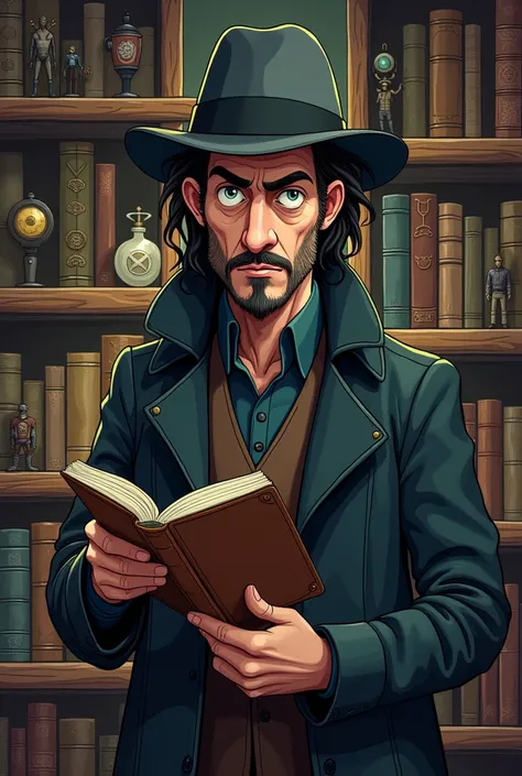 A mysterious narrator looking directly into the camera specializing in cartoon conspiracy theories, with an eccentric appearance. He wears a long dark leather coat, a fedora hat tilted on the head, and he has a thin beard that gives him the air of a rebell...