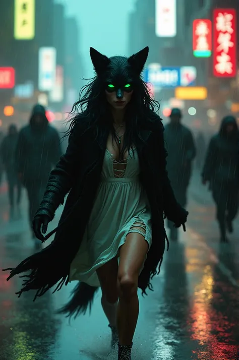 Black wolf woman with green eyes, wearing a simple white ripped hippie dress and a black witch&#39;s cape covering her face. She runs scared through the streets of a big city on a rainy night., full of people.
Atras um homem roqueiro corre atras dela 