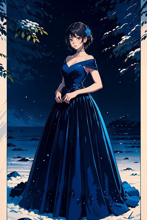 Best Quality, Super detailed, (Ultra-high resolution,8k), Ultra-high definition 4K, A beautiful, young woman personified as a January birthstone, wearing a gown of deep blue velvet, standing in a winter wonderland.