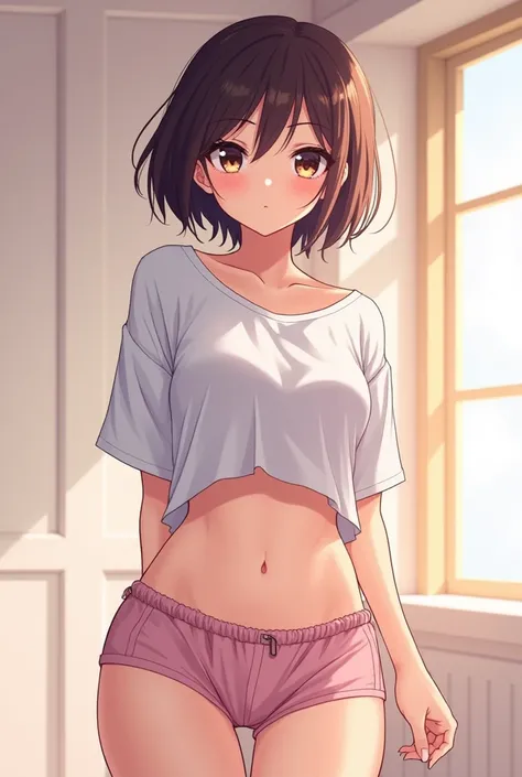 Anime girl standing in a feminine pose, slightly bent over, wearing a slightly loose and short t-shirt that only covers her chest area.(for the sake) She wears very short pajamas.