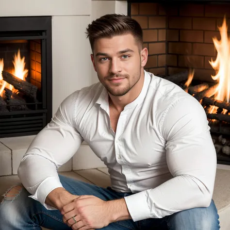 1man, a portrait of a charismatic muscular man, 30 years old, small beard, gloomy blue eyes, sitting by a fireplace and smiling slightly, wearing a fitted long-sleeve white shirt, warm natural lighting, high quality, realistic, cinematic lighting, chiarosc...