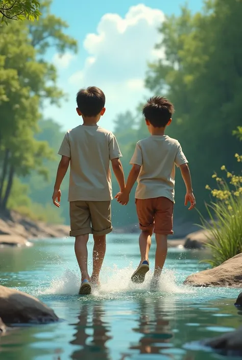 I need an image of a boy about nine years old in shorts and a t-shirt moving, as if he were walking backwards. with the camera at 45 degrees and a caring adult right next to the , he will cross this river and is on the bank. but there will be no going back...