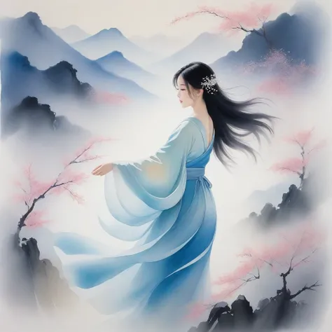 A serene woman in a flowing, silken hanfu with intricate, hand-embroidered motifs and delicate, beaded accents, her long, dark hair loose and wispy, as if blown by an unseen breeze, dances with effortless elegance in the gentle wind, surrounded by a whirlw...