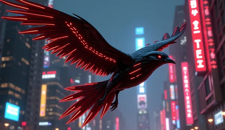 Imagine a bird, with sharp, shiny wings that beat to the beat of a pulsing electronic beat. Its body is sculpted in shades of black, with bright red lines running along its wings and tail. As he flies through the dark sky, each movement generating a synthe...