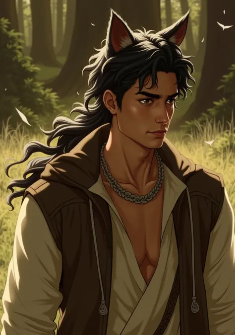 Illustration of a young male, handsome, black wavy hair down to chin. nicely styled hair. in some old fabric clothes, white with grey strings. background in a forest. realistic-ish look. wolf ears coming out of head. frown on face.