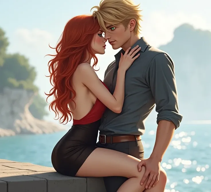 
Redhead , Blue eyes , red low cut dress, man with yellow hair , green eyes , without tattoos