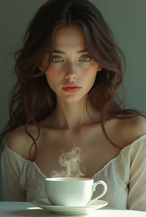 Adult woman with brown hair, green eyes, white tea, Hypnotic gaze.